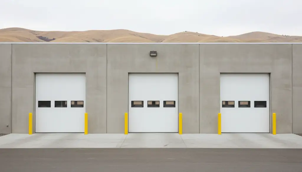 Illustration: three white insulated commercial sectional doors with window bands and yellow bollards on a warehouse